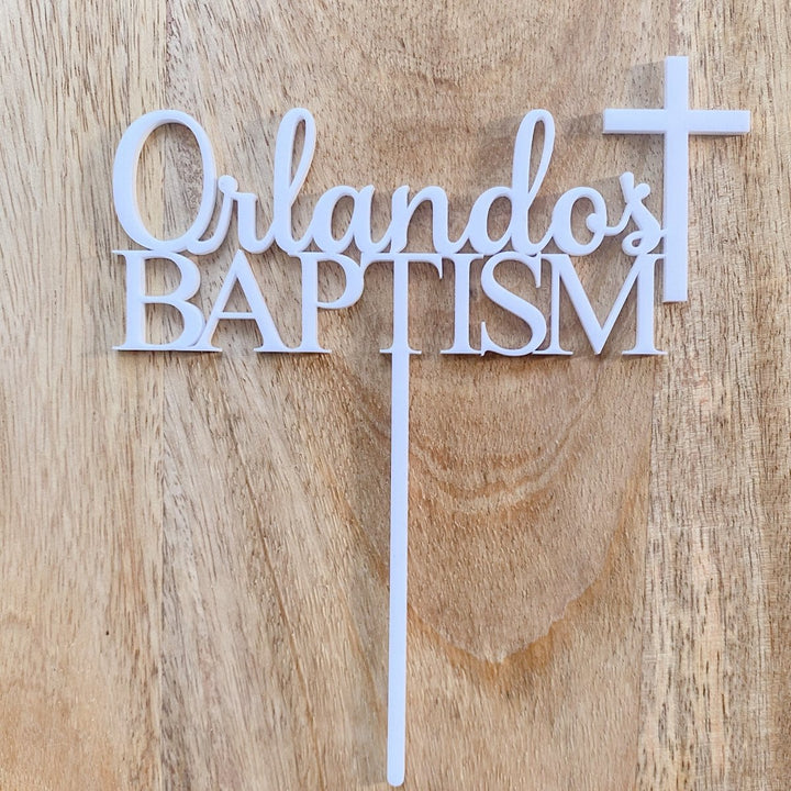 Custom baptism cake topper with name and cross design in laser cut acrylic