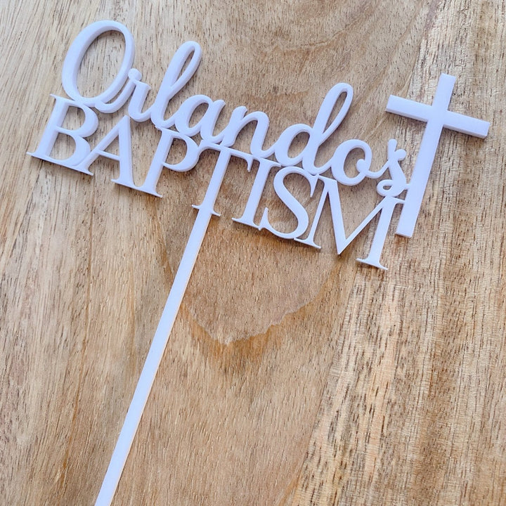 religious cake topper for baptism or christening celebrations.  Customised with name and cross detail