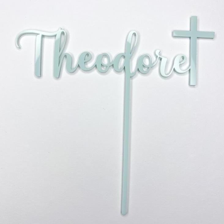 Name with cross cake topper for religious celebrations.  Made in pale blue acrylic
