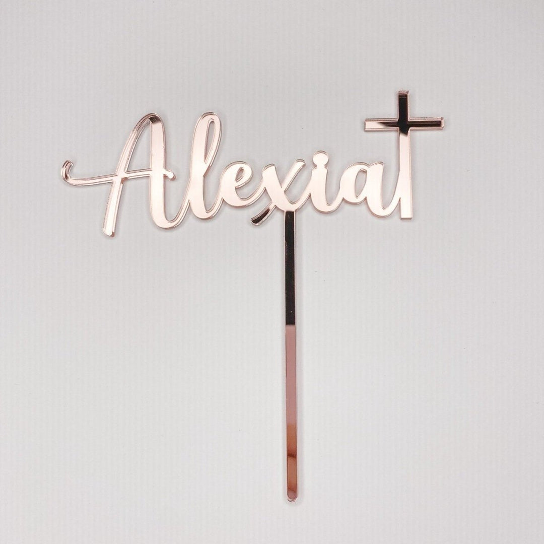 Custom cake topper with name and cross for all religious celebrations.