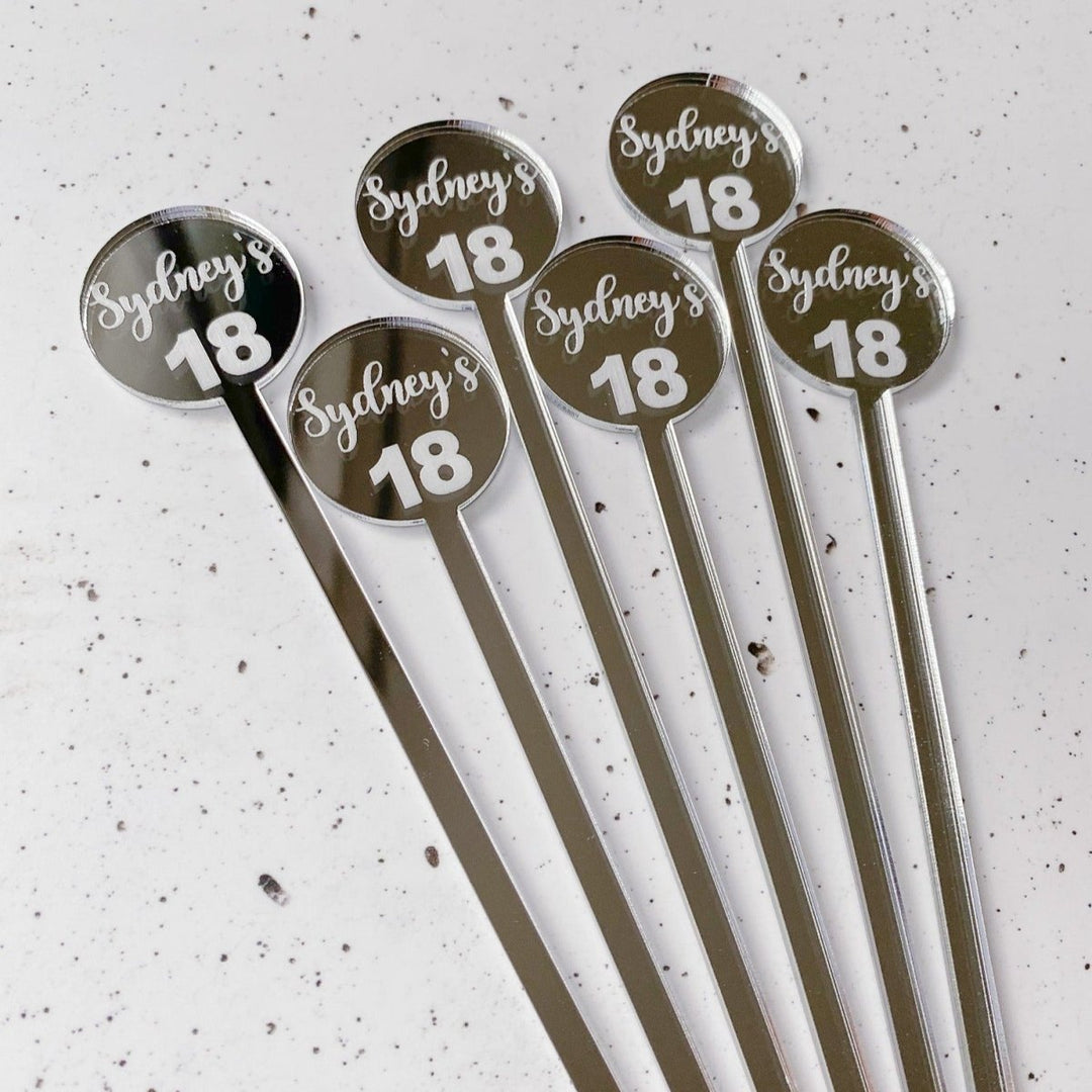 Custom designed drink stirrers for your birthday party celebrations.  Personalised with name & age for your party decor