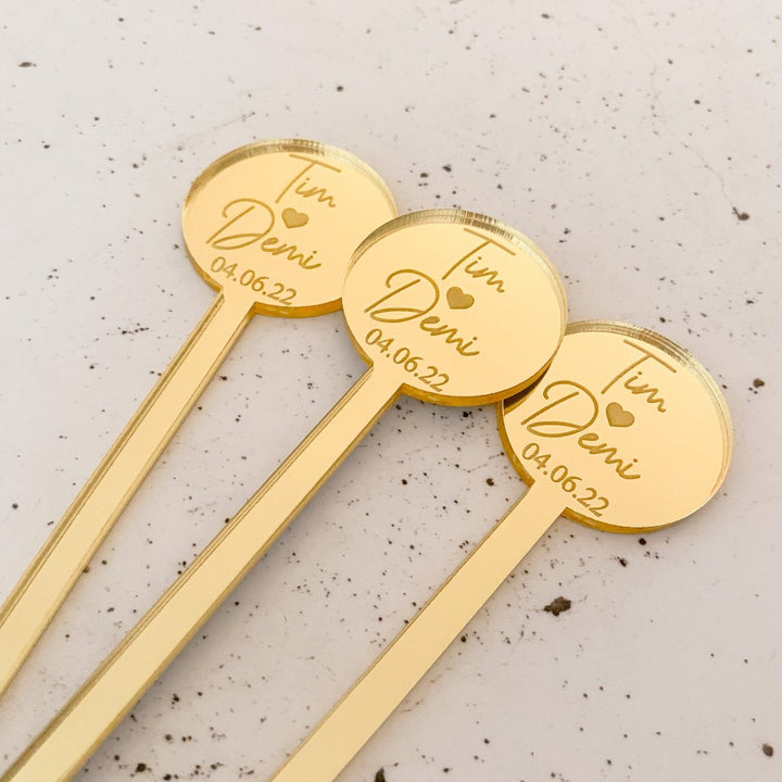 Gold Mirror personalised cocktail sticks for engagement party or wedding celebration