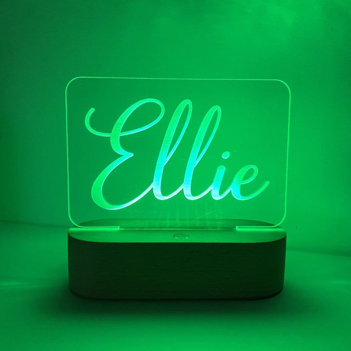 Childs bedroom night light with personalised name design and multicoloured LED lights