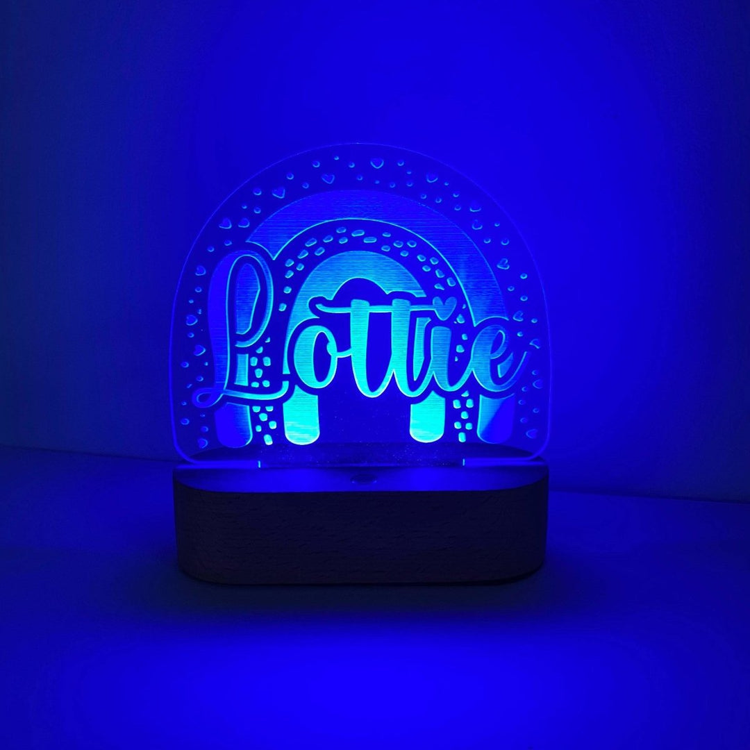 Personalised led night light for sleeping baby, with name and rainbow design
