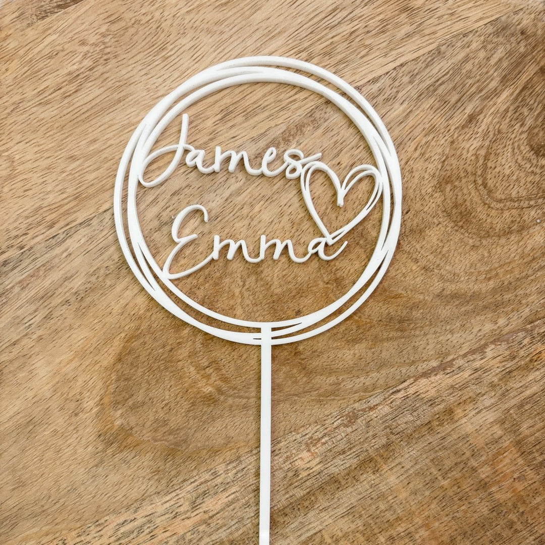 Personalised Wedding Cake Topper - Circle & Heart with Bride & Groom Names