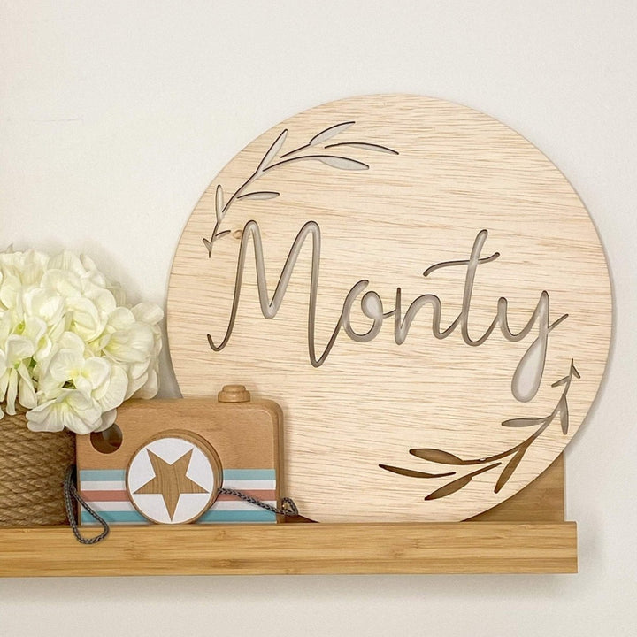 Personalised Wooden Name Plaque, with cut out leaf design