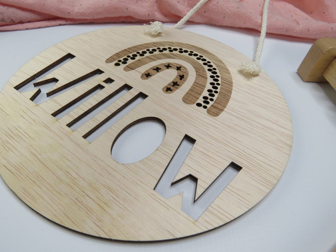 Rainbow baby name plaque in customisable design - rustic wood and laser engraved