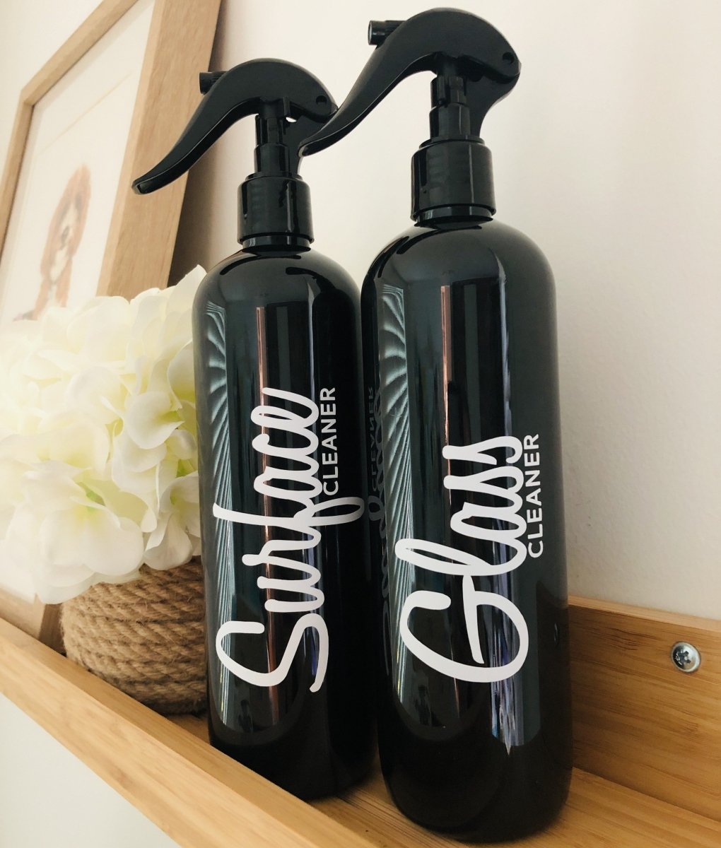 Black Cleaning bottles for household sprays.  Home organisation & Kitchen decor pump dispenser bottles