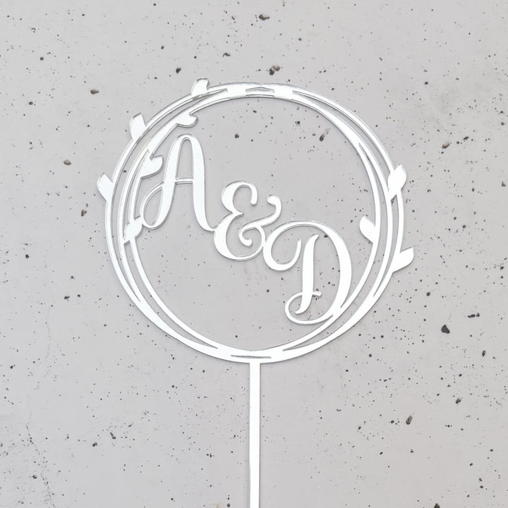 Wedding Cake Topper in Circle Leaf Design with Initials
