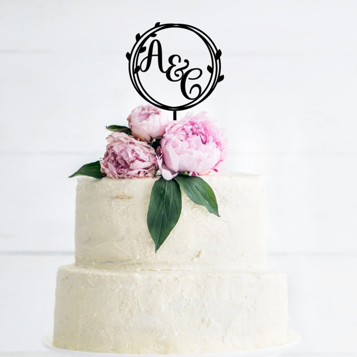 Wedding Cake Topper in Circle Leaf Design with Initials